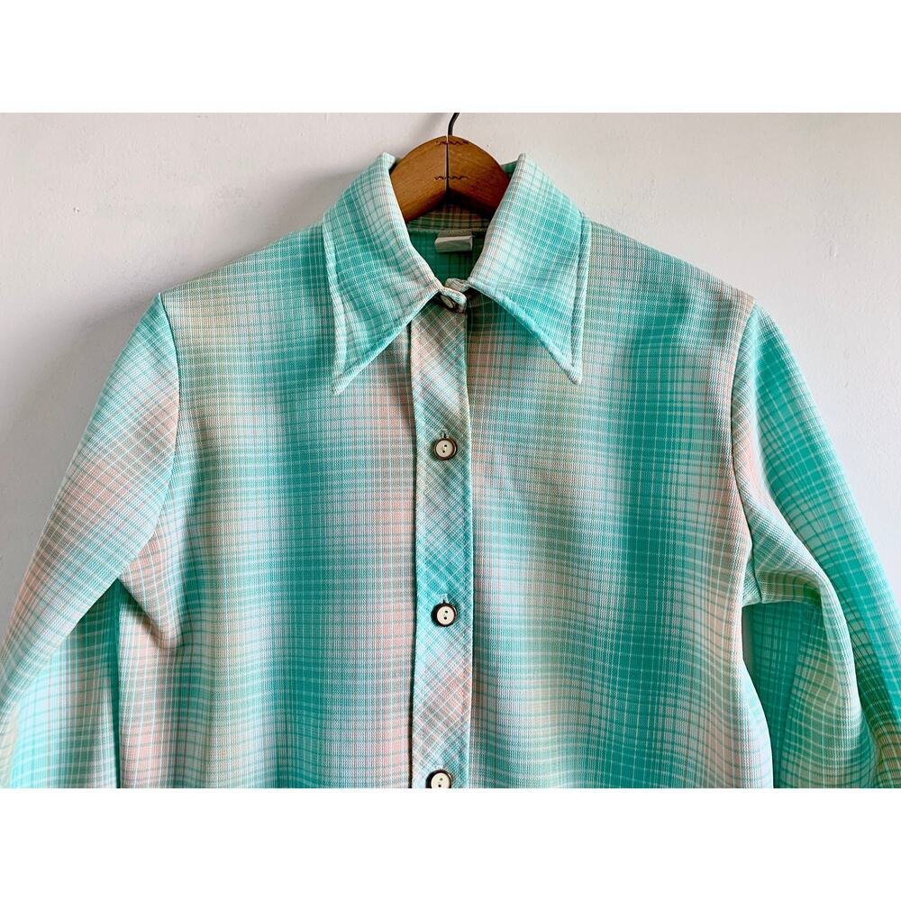 Vintage 70s Pastel Plaid Chore Jacket | Aqua Pink Button Down Shirt | M/L - Picture 2 of 5